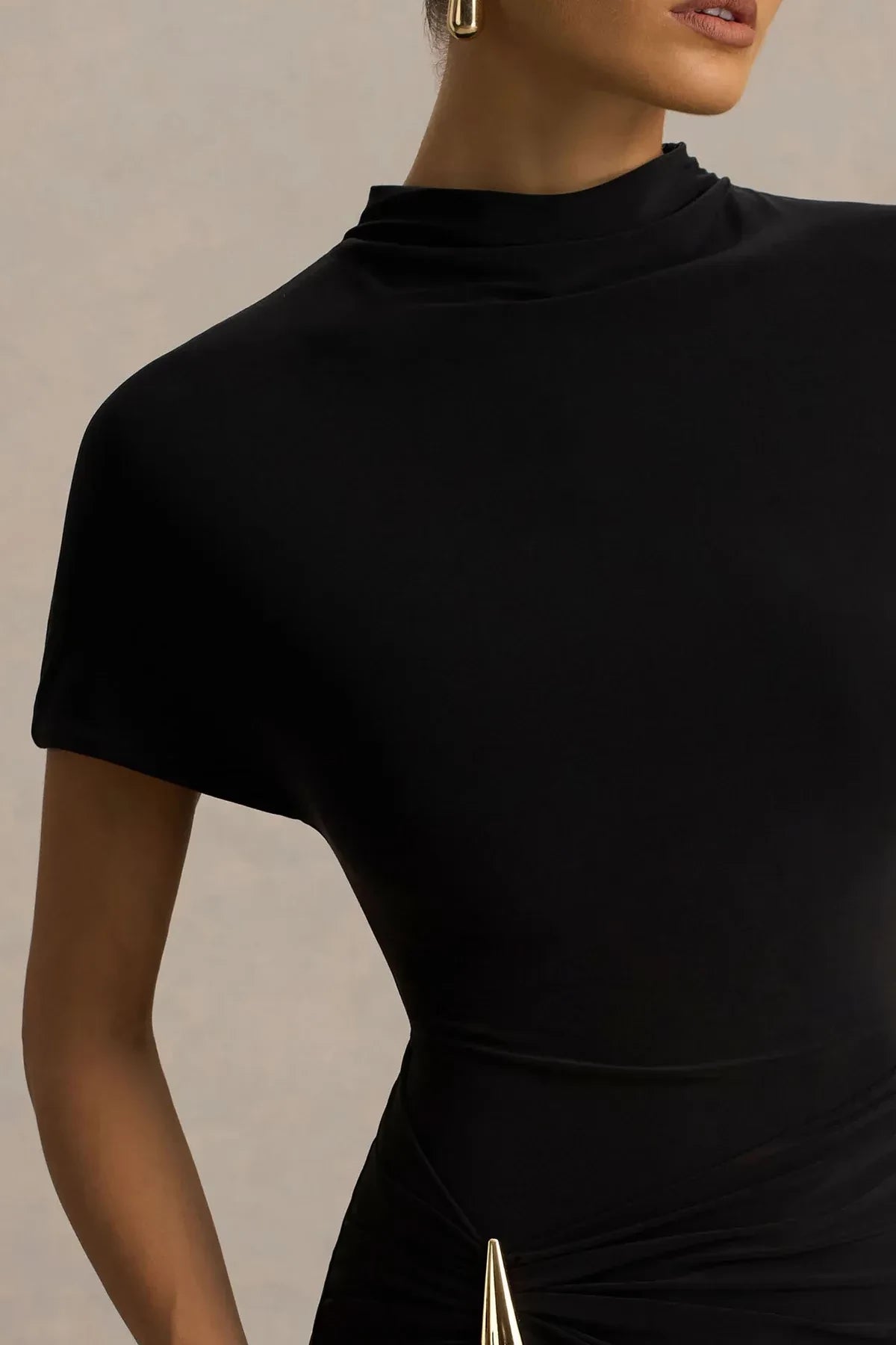 Fashionable Sheath High Neck Short Sleeve Ruched Back Floor Length Evening Dress