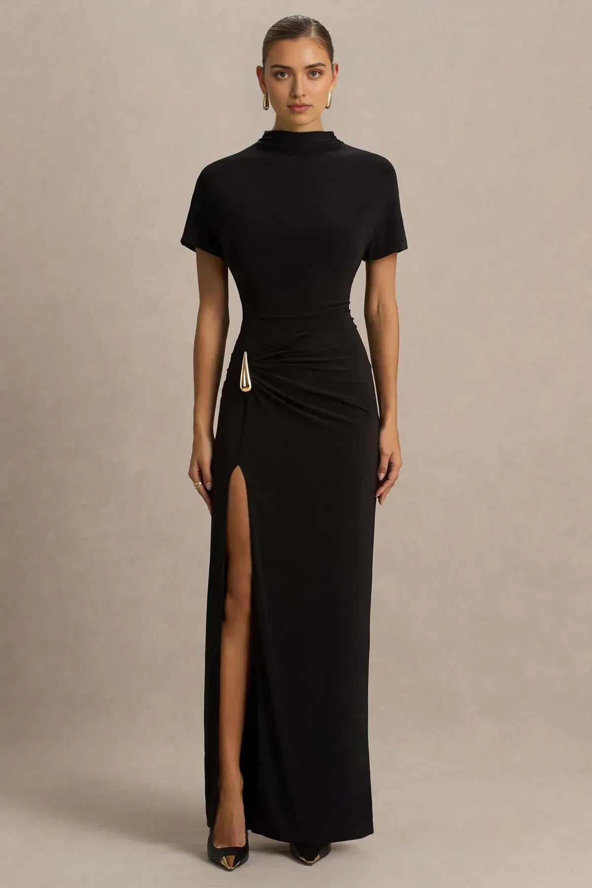 Fashionable Sheath High Neck Short Sleeve Ruched Back Floor Length Evening Dress