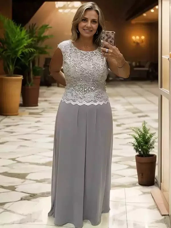 Floor-Length A-Line Chiffon Lace Scoop Sleeveless Mother of the Bride Dresses