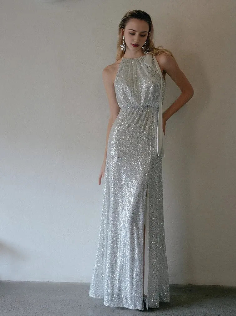 Floor-Length heath Halter Sleeveless Evening Dresses with Slit  Sequins