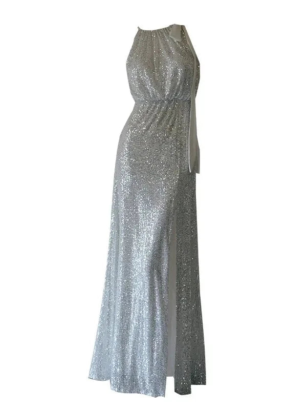 Floor-Length heath Halter Sleeveless Evening Dresses with Slit  Sequins