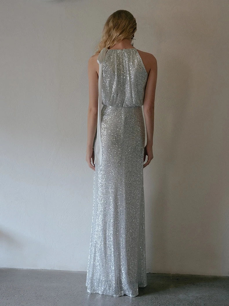 Floor-Length heath Halter Sleeveless Evening Dresses with Slit  Sequins