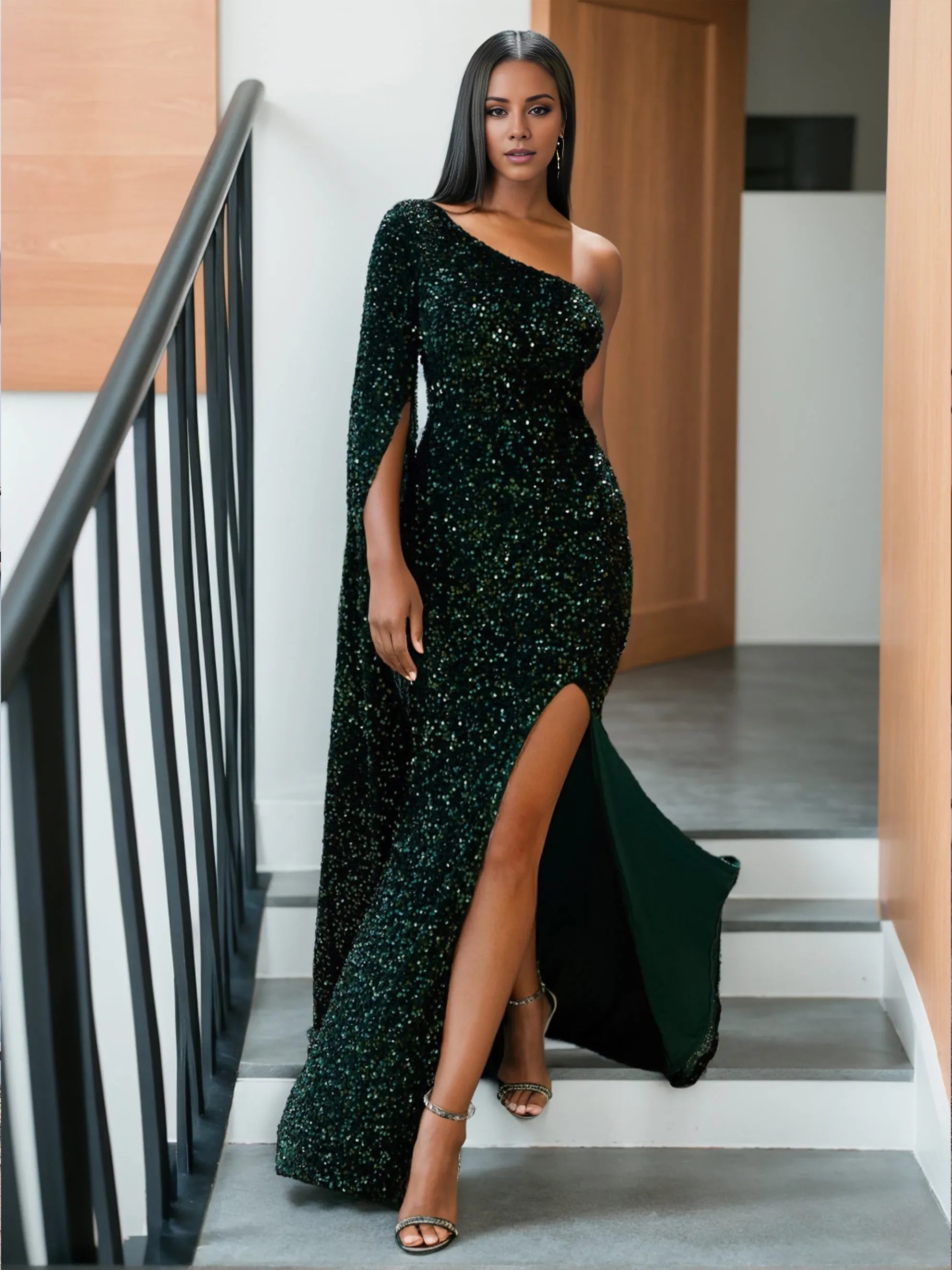 Floor-length Mermaid One-Shoulder Long Prom with Split Side Watteau Train Evening Dresses