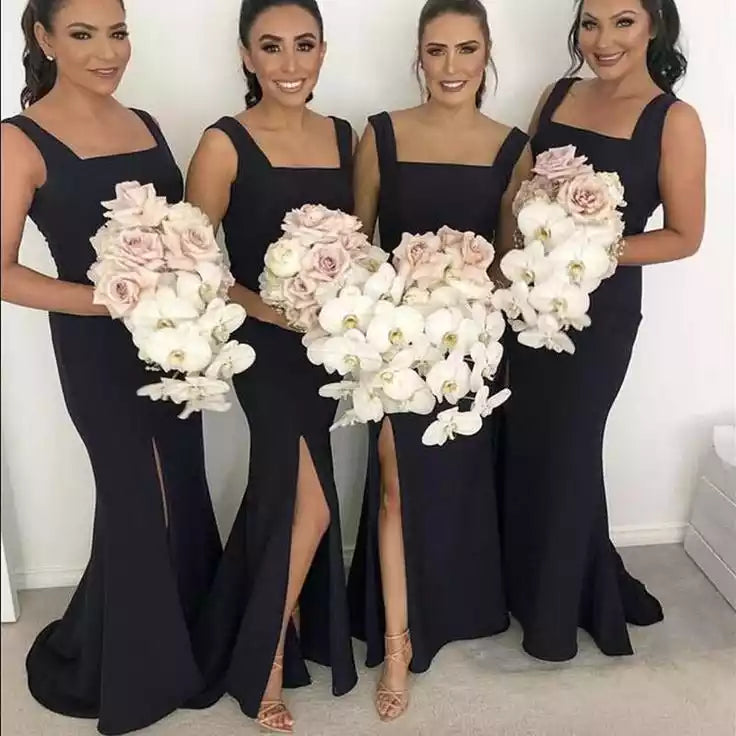Floor Length Black Bridesmaid Dresses Square Mermaid Long Wedding Party Dresses