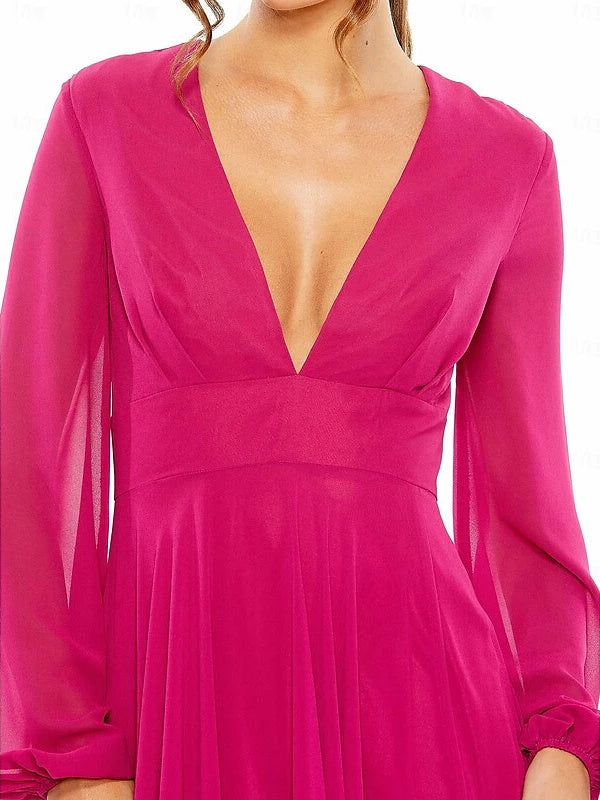 Floor Length Long Sleeve V Neck Wedding Guest Dresses Chiffon with Pleat Evening Dresses Prom Dress