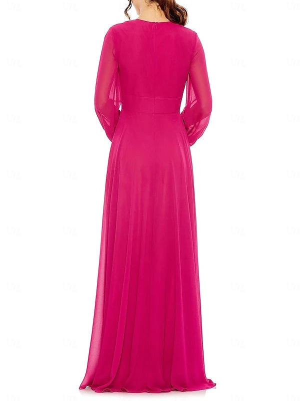 Floor Length Long Sleeve V Neck Wedding Guest Dresses Chiffon with Pleat Evening Dresses Prom Dress