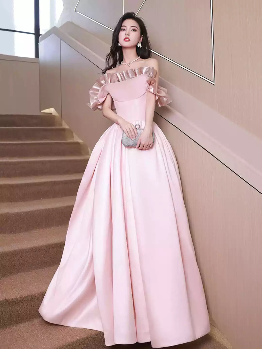Floor Length Off Shoulder Pink Satin Long Formal Dress Pink Evening Dress Prom Dress