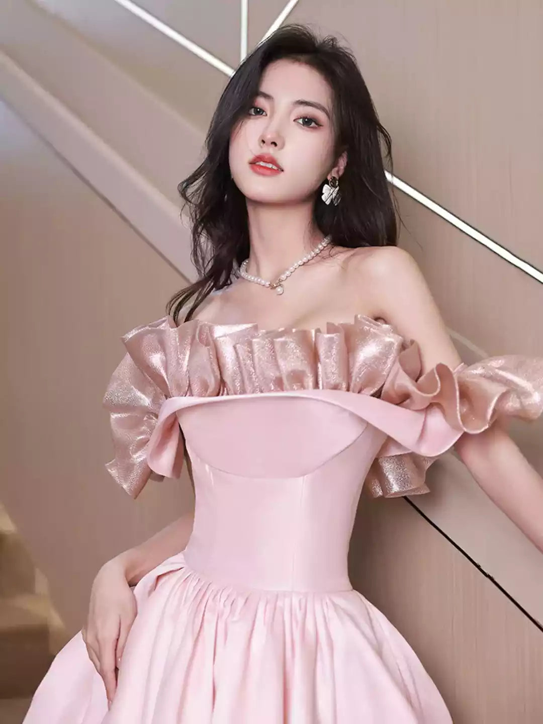 Floor Length Off Shoulder Pink Satin Long Formal Dress Pink Evening Dress Prom Dress