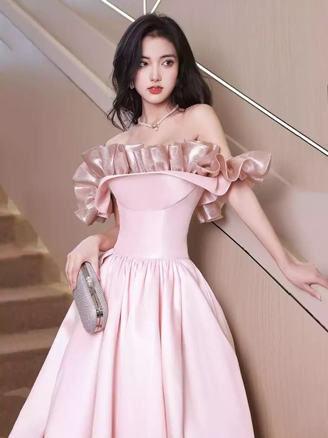 Floor Length Off Shoulder Pink Satin Long Formal Dress Pink Evening Dress Prom Dress