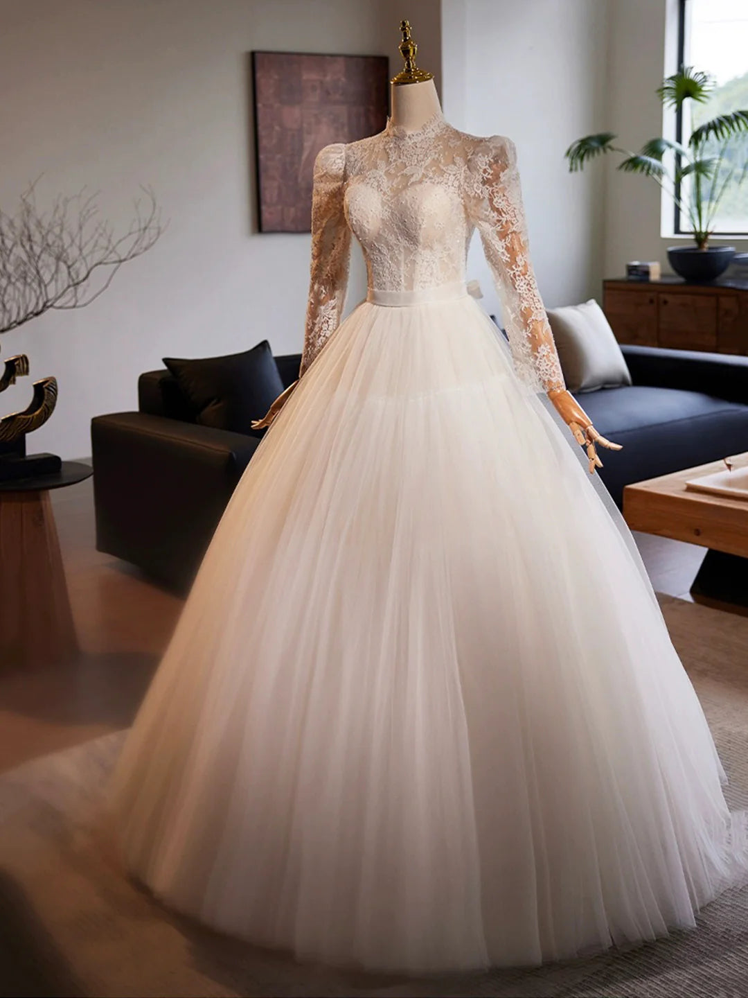 Floor Length White Tulle Lace A-Line Formal Dresses Beautiful Long Sleeve Evening Party Dress Wedding Dresses