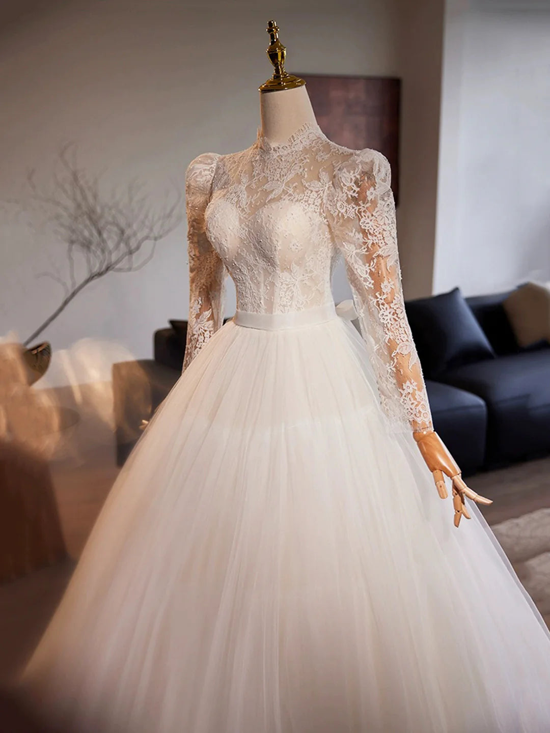 Floor Length White Tulle Lace A-Line Formal Dresses Beautiful Long Sleeve Evening Party Dress Wedding Dresses