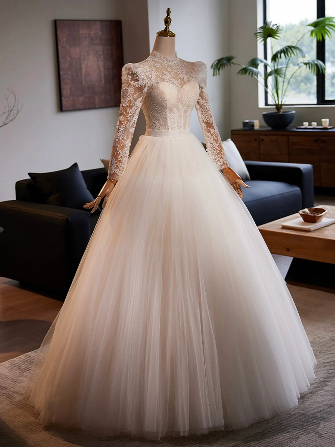 Floor Length White Tulle Lace A-Line Formal Dresses Beautiful Long Sleeve Evening Party Dress Wedding Dresses
