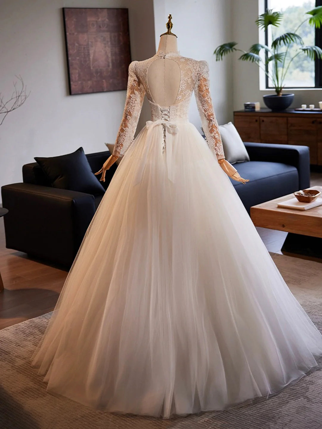 Floor Length White Tulle Lace A-Line Formal Dresses Beautiful Long Sleeve Evening Party Dress Wedding Dresses
