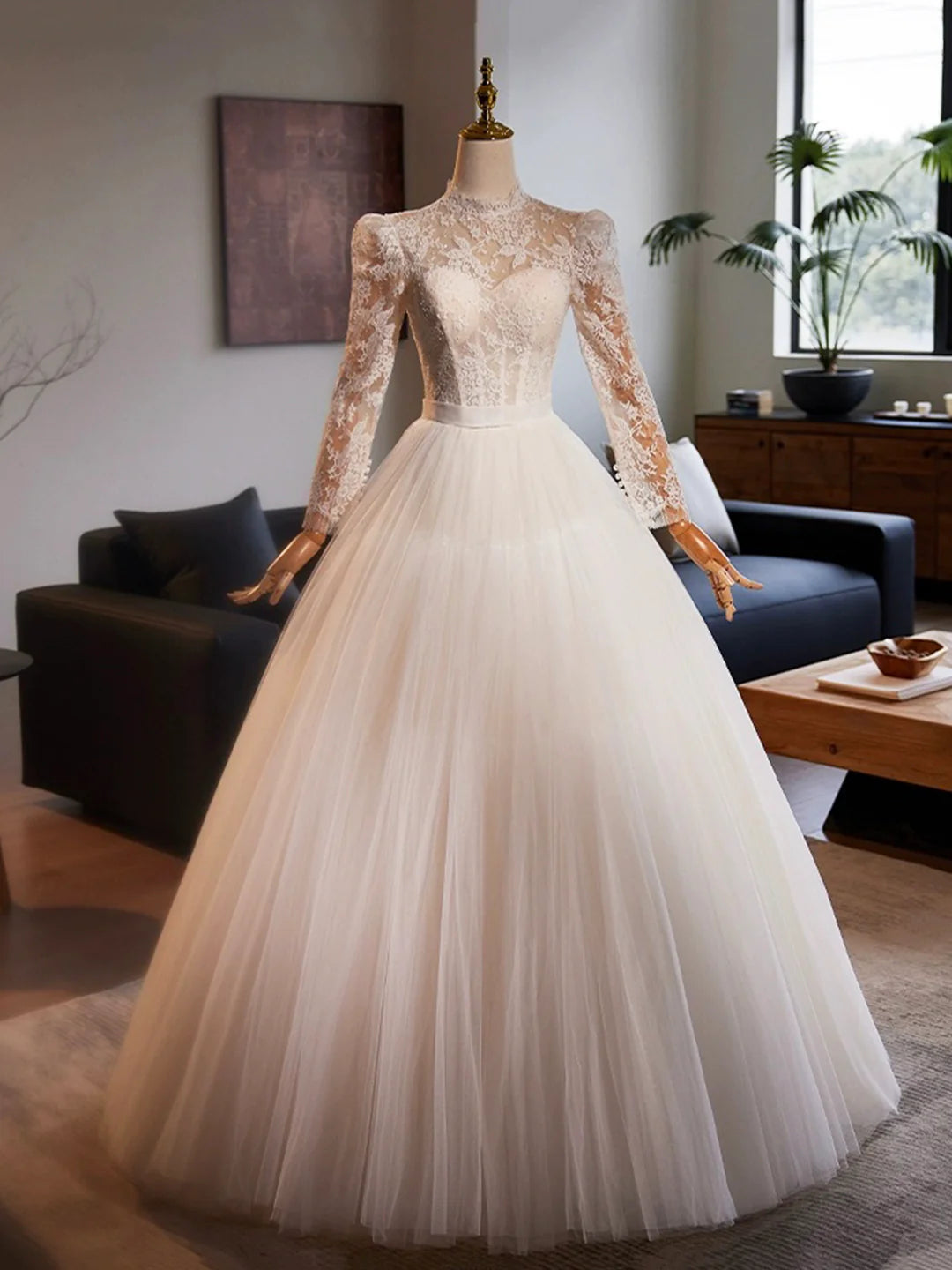 Floor Length White Tulle Lace A-Line Formal Dresses Beautiful Long Sleeve Evening Party Dress Wedding Dresses