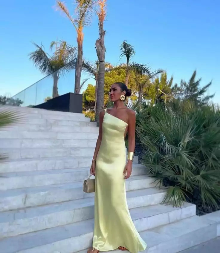 Floor Length Yellow One Shoulder Prom Dresses Evening Dress Party Gowns