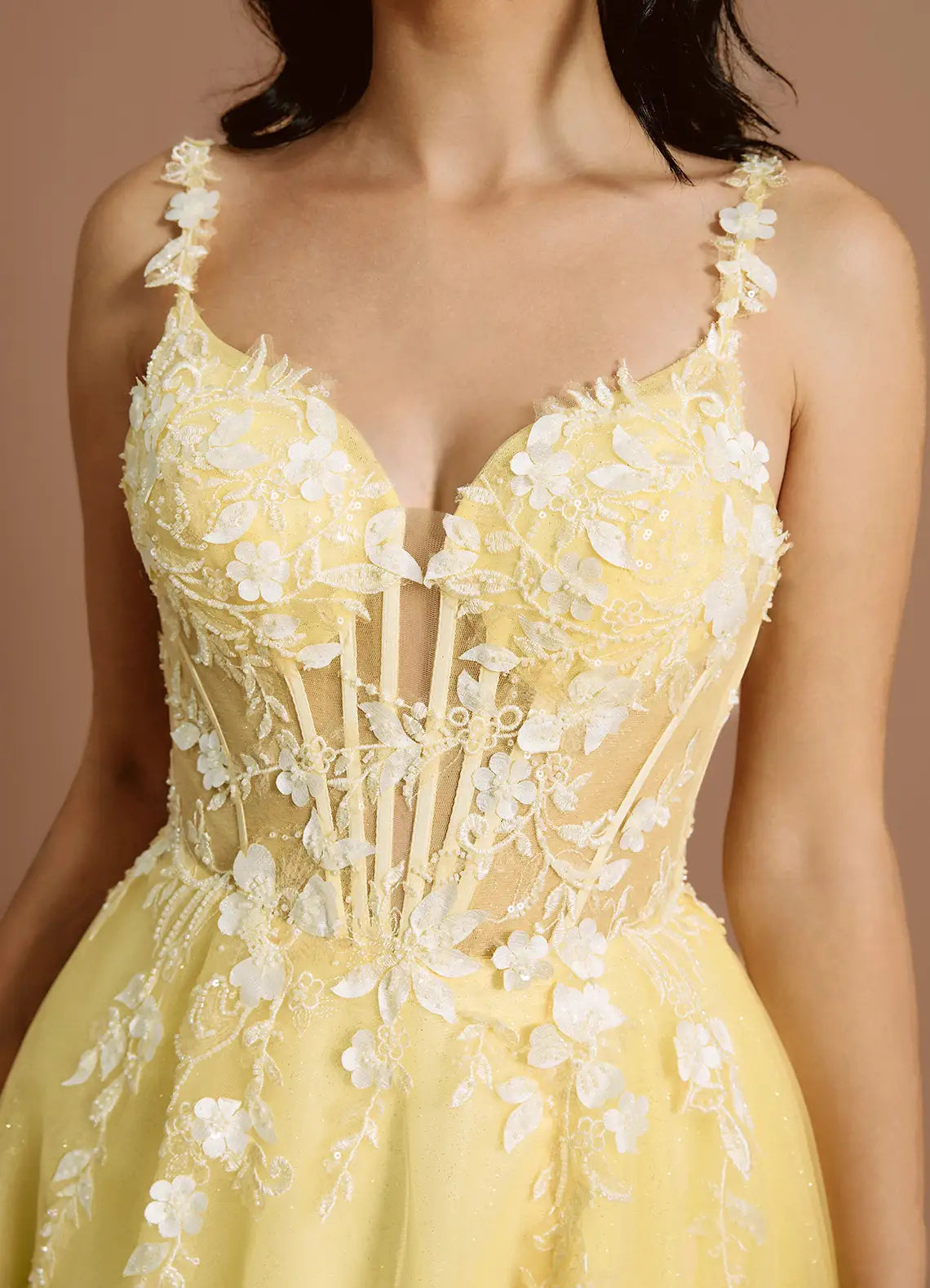 Floral Appliqué Spaghetti Strap Ballgown Lace Up Back Floor Length Hot sale Prom Dress