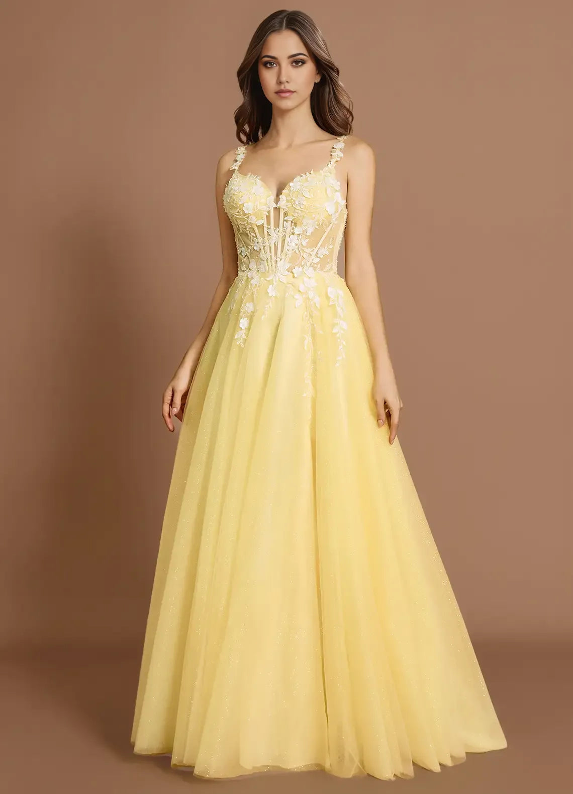 Floral Appliqué Spaghetti Strap Ballgown Lace Up Back Floor Length Hot sale Prom Dress
