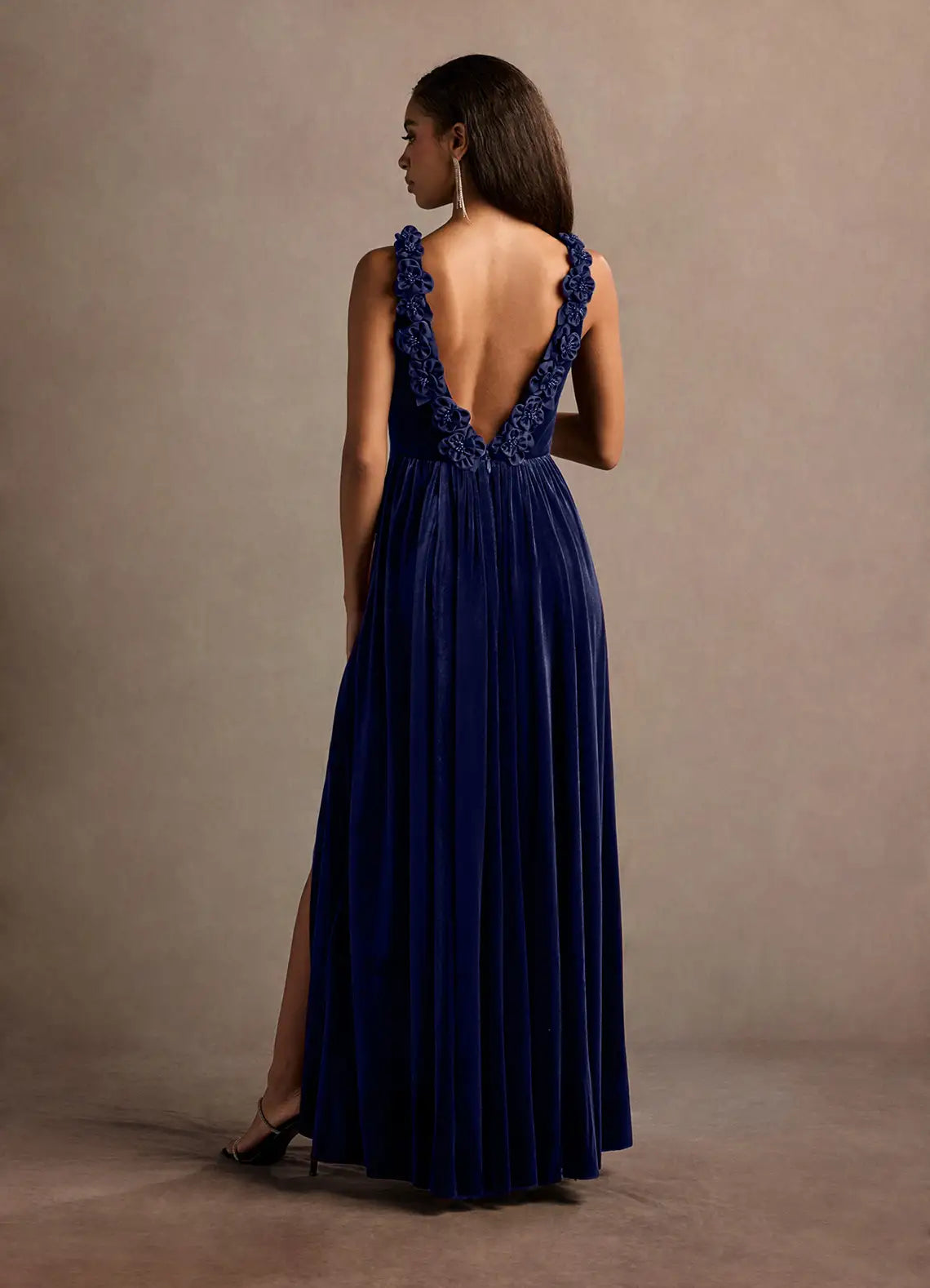 Floral Trim V Neck Velvet A Line Open Back High Slit Floor Length For Ladies Prom Dress