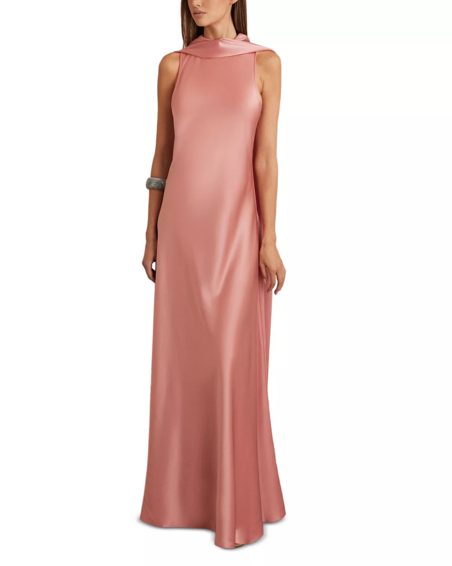 Flowing A Line Halter Neck Sleeveless Cape Back Floor Length Hot Sale Prom Dress