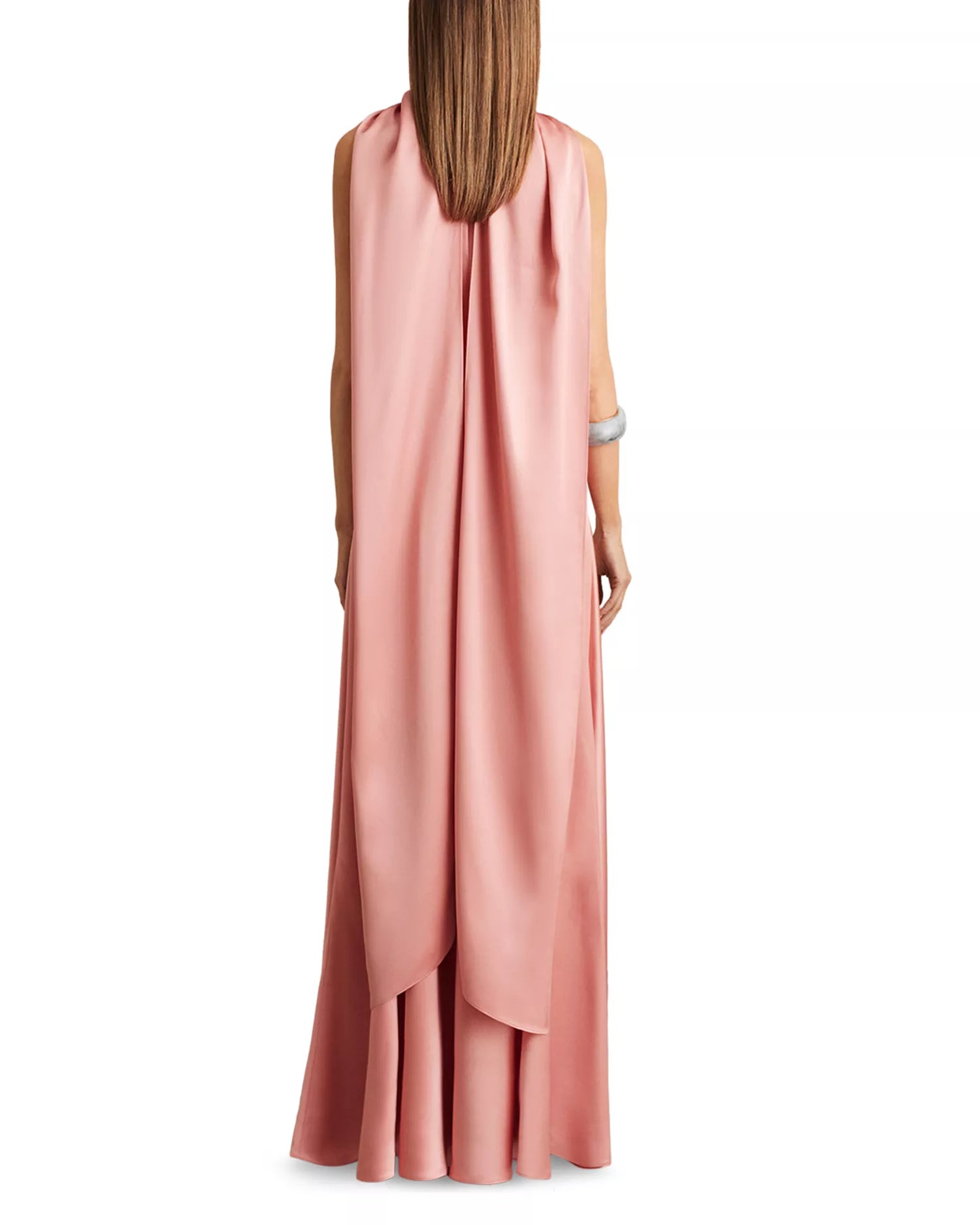 Flowing A Line Halter Neck Sleeveless Cape Back Floor Length Hot Sale Prom Dress