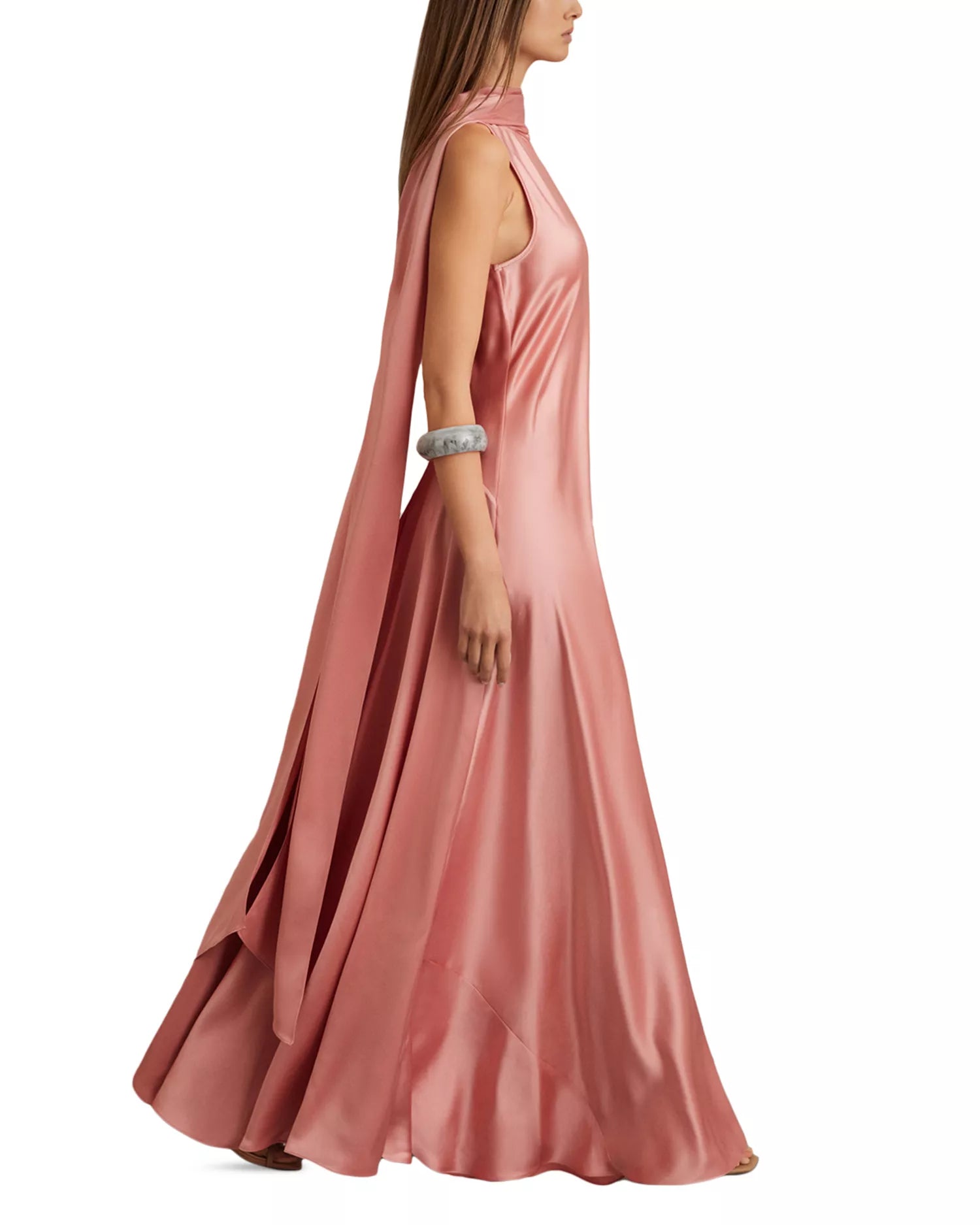 Flowing A Line Halter Neck Sleeveless Cape Back Floor Length Hot Sale Prom Dress