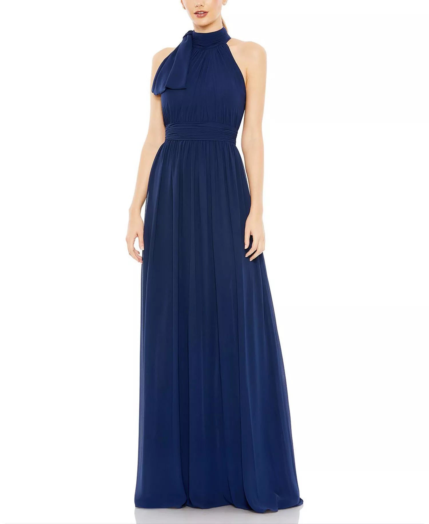 Flowing A Line Halter Neck Sleeveless Draped Back Floor Length Hot Sale Prom Dress