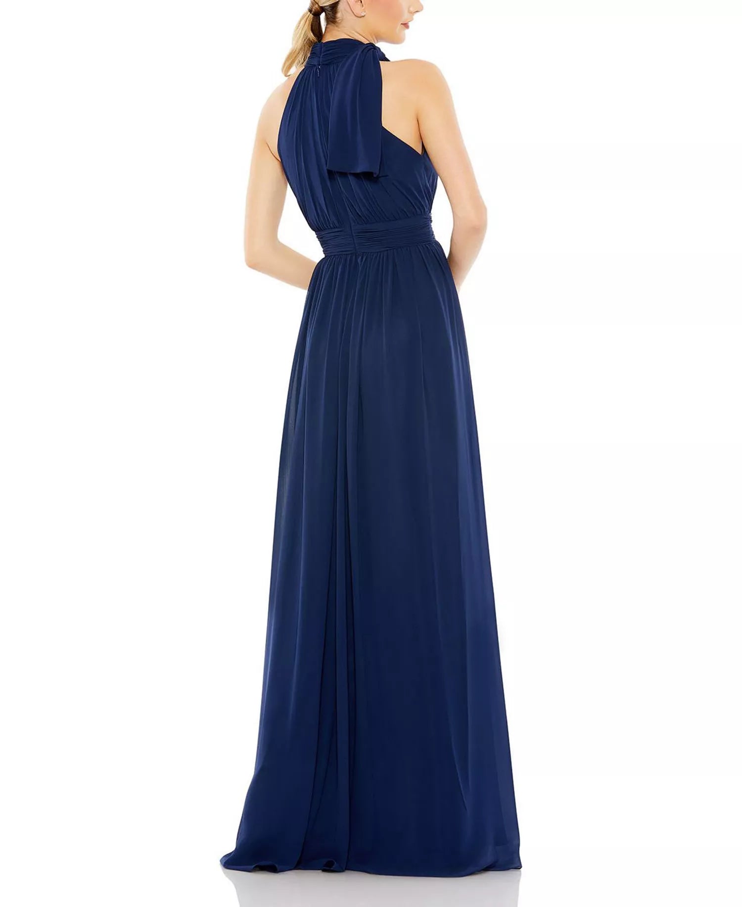 Flowing A Line Halter Neck Sleeveless Draped Back Floor Length Hot Sale Prom Dress