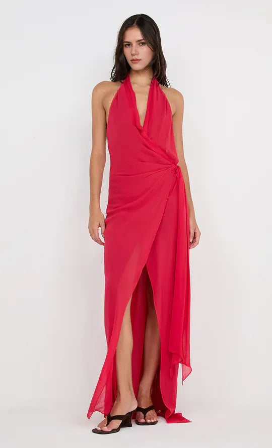 Flowing Sheath Halter Neck Sleeveless Deep Open Back Asymmetrical Length Hot sale Prom Dress