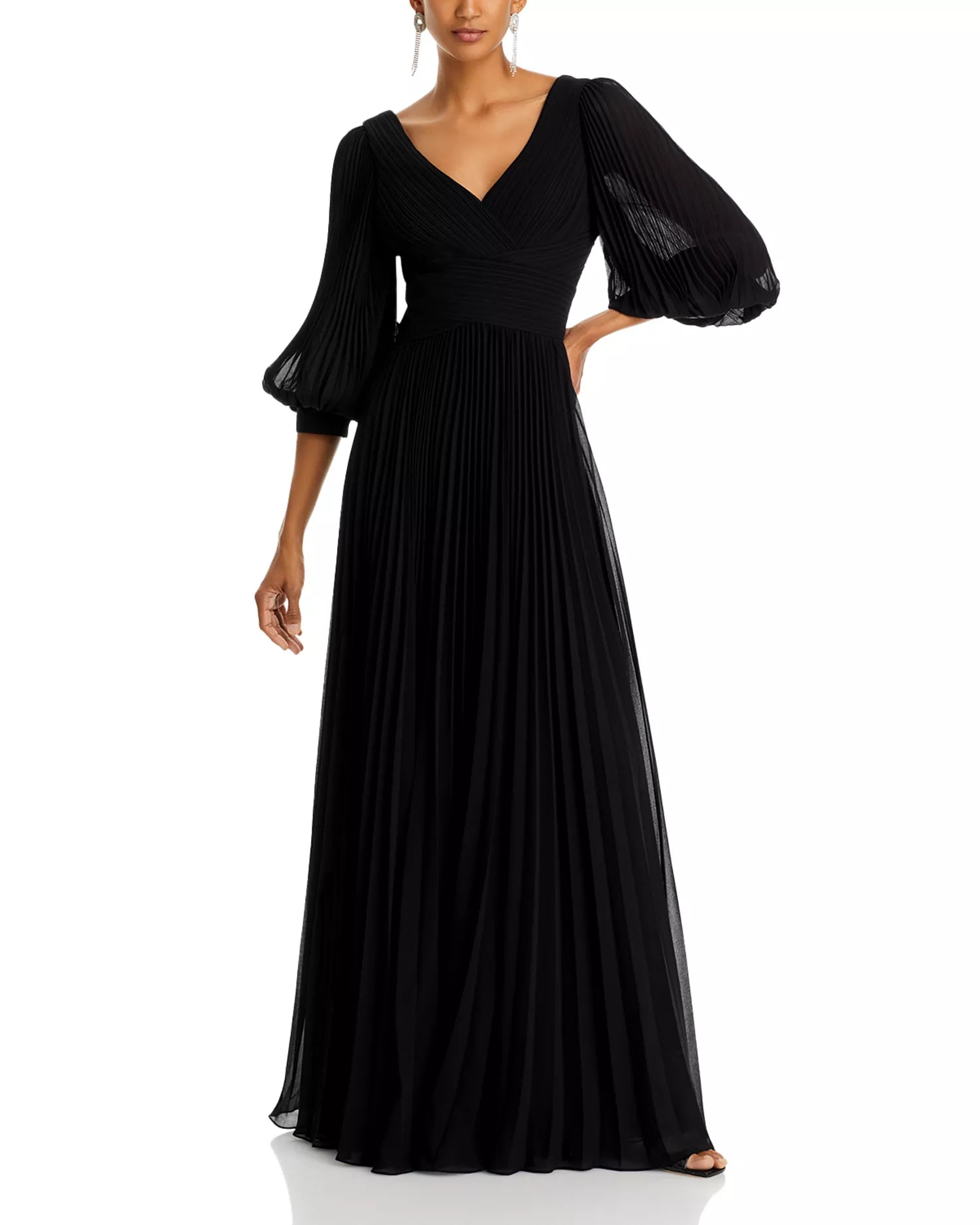 Flowy A Line Deep V Neck Puff Sleeve V Back Floor Length For Sale Prom Dress