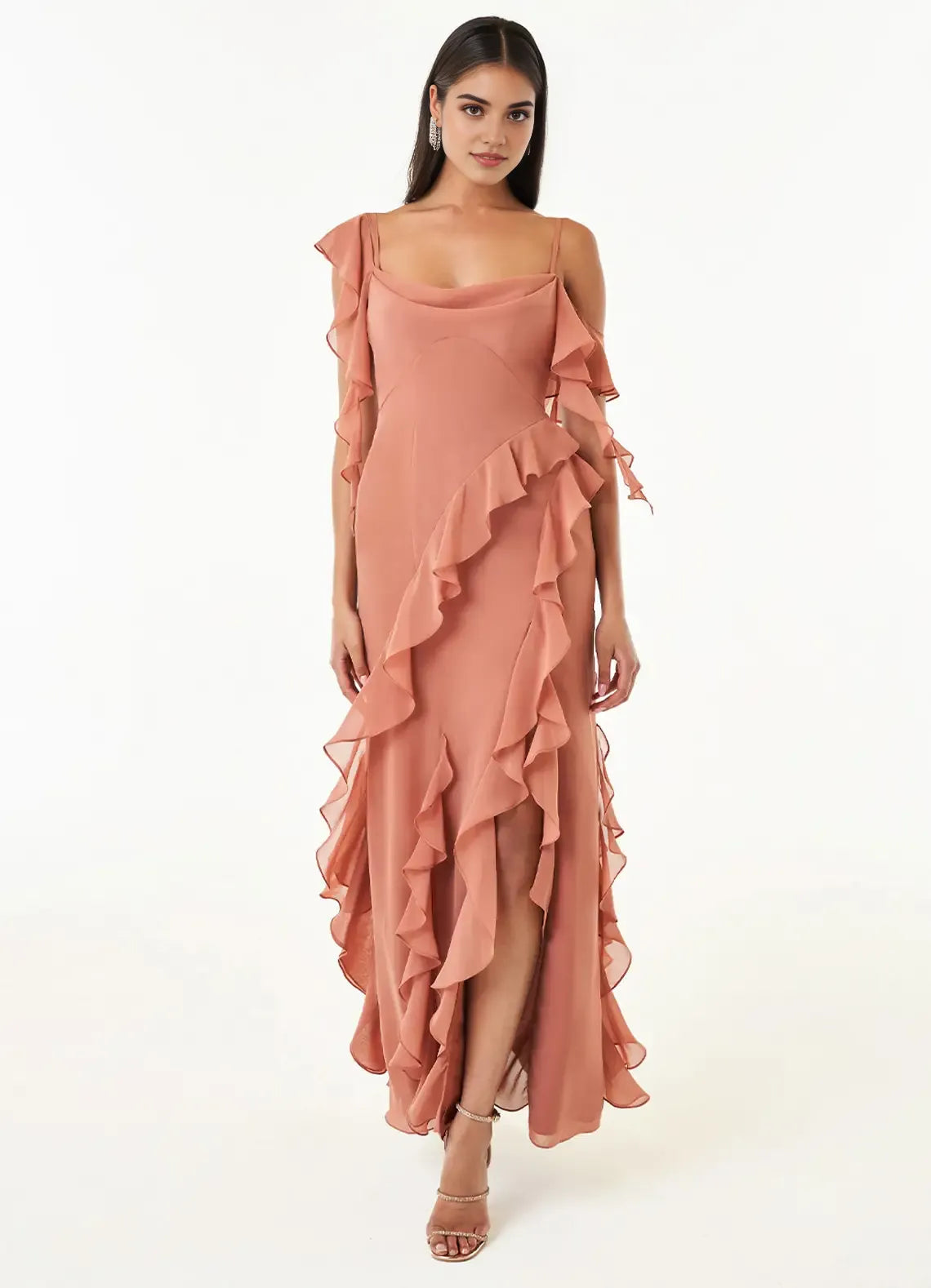 Flowy A Line Square Neck Ruffled Cold Shoulder Open Back Floor Length For Sale Prom Dress