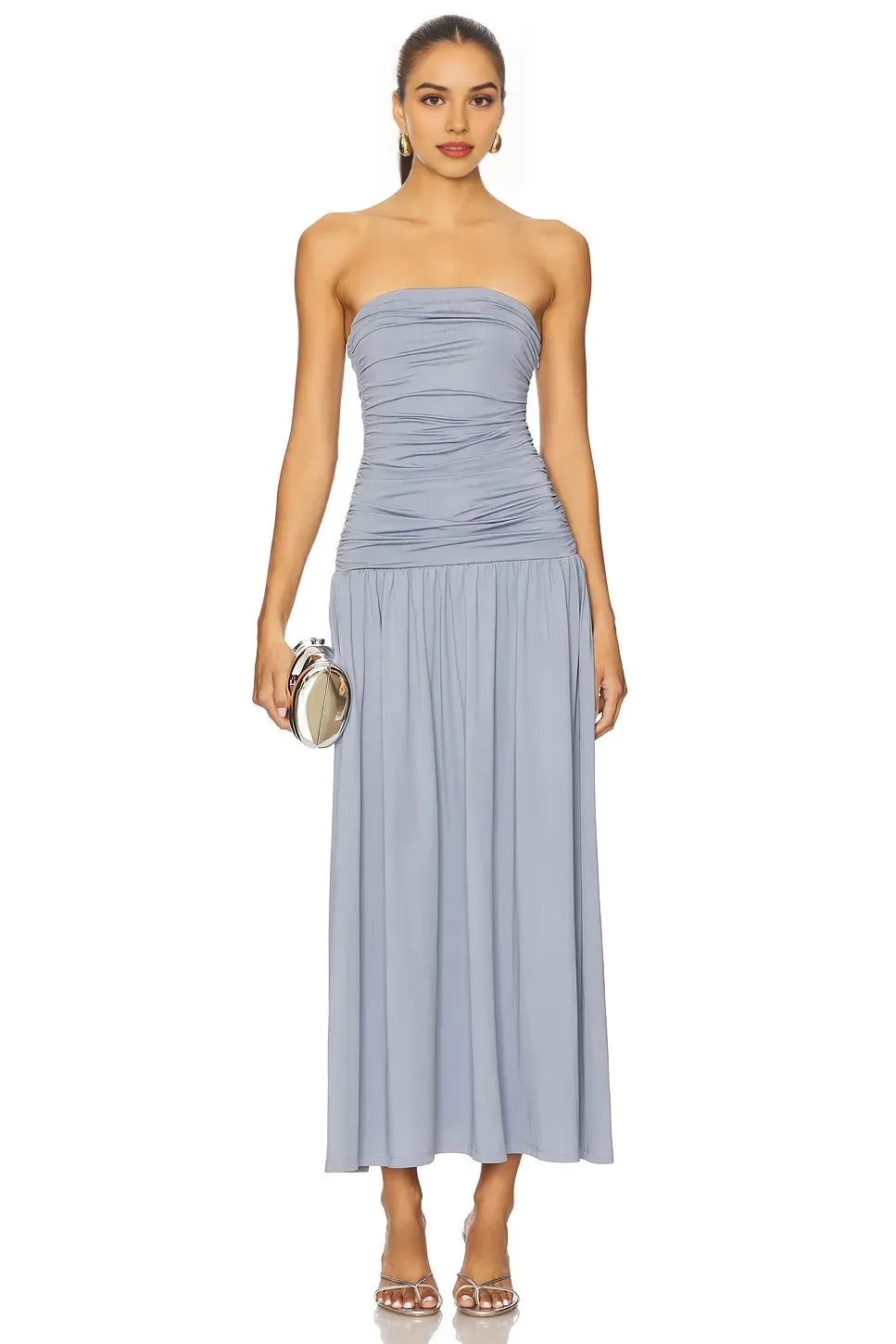 Flowy Sheath Strapless Sleeveless Ruched Bodice Midi Evening Dress