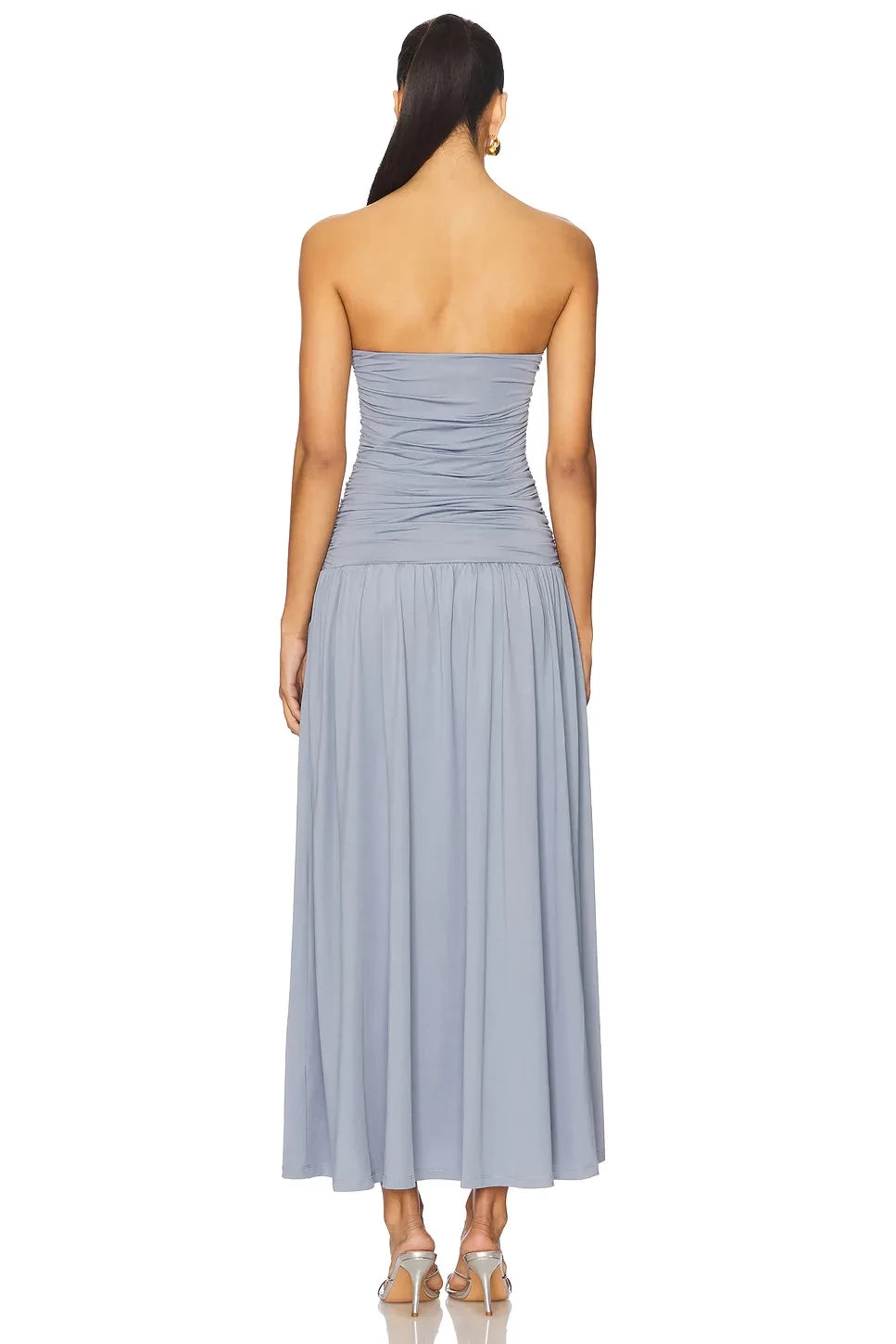 Flowy Sheath Strapless Sleeveless Ruched Bodice Midi Evening Dress