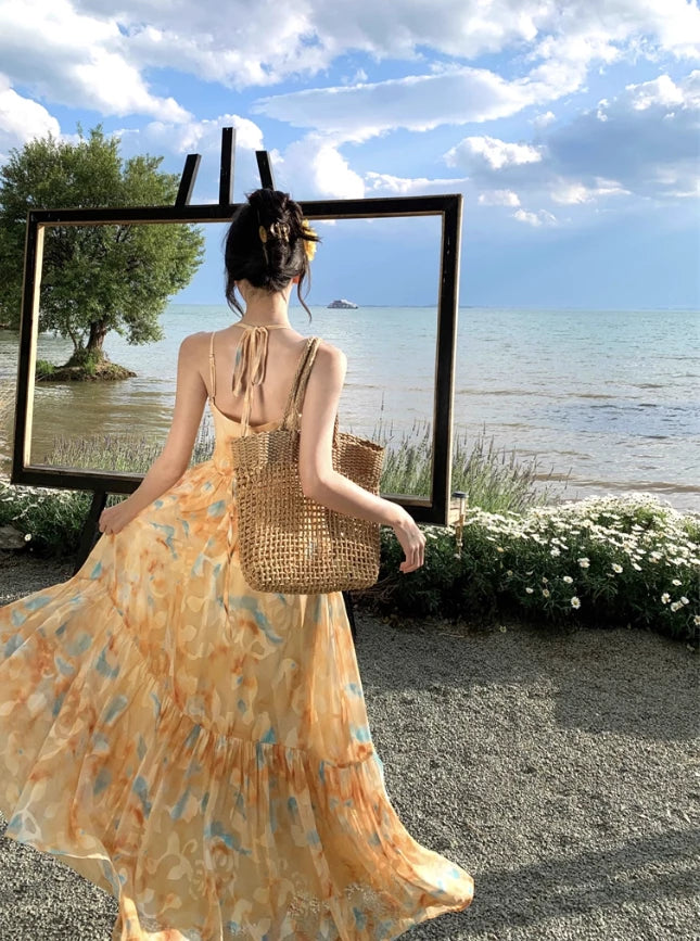 Flowy A Line Spaghetti Strap Floral Sleeveless Off-the-shoulder Yellow Chiffon Floor length Prom Dress Cocktail Dress Homecoming Dress Evening Dress Party Dress