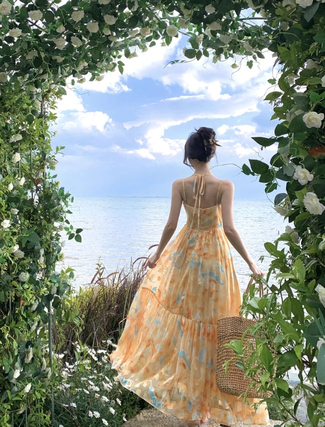 Flowy A Line Spaghetti Strap Floral Sleeveless Off-the-shoulder Yellow Chiffon Floor length Prom Dress Cocktail Dress Homecoming Dress Evening Dress Party Dress