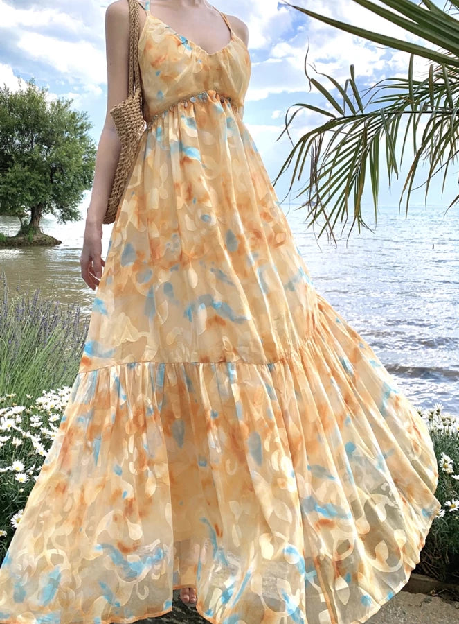 Flowy A Line Spaghetti Strap Floral Sleeveless Off-the-shoulder Yellow Chiffon Floor length Prom Dress Cocktail Dress Homecoming Dress Evening Dress Party Dress