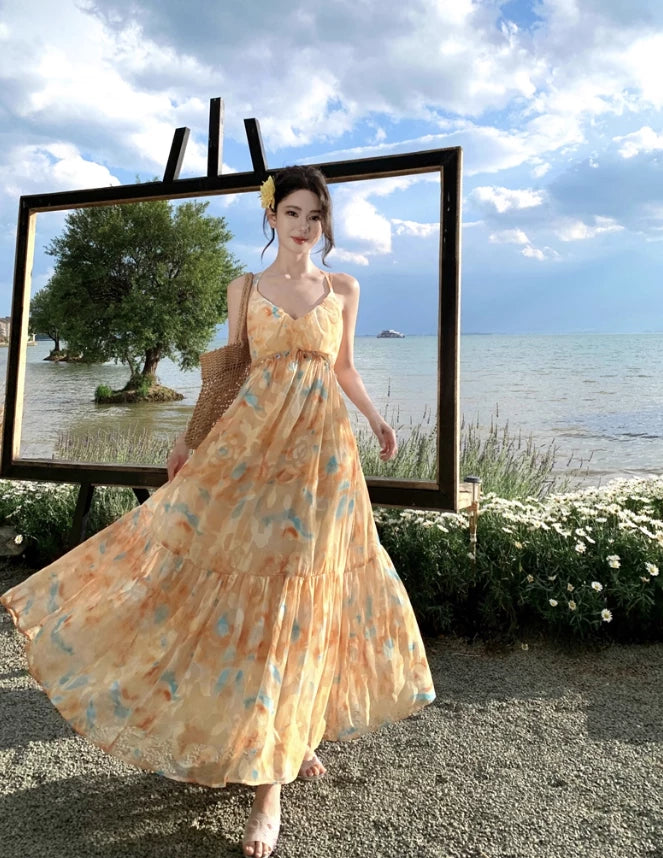 Flowy A Line Spaghetti Strap Floral Sleeveless Off-the-shoulder Yellow Chiffon Floor length Prom Dress Cocktail Dress Homecoming Dress Evening Dress Party Dress