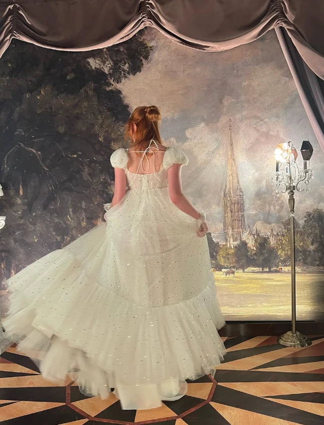 Flowy Gentle White A Line Puff Sequin Tulle Short Sleeves Floor length Prom Dress Cocktail Dress Homecoming Dress Evening Dress