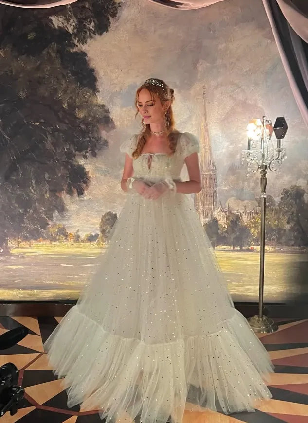 Flowy Gentle White A Line Puff Sequin Tulle Short Sleeves Floor length Prom Dress Cocktail Dress Homecoming Dress Evening Dress