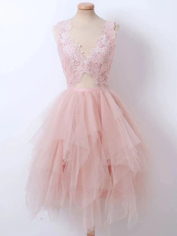 Fluffy pretty V Neck Short Pink Lace Prom Formal Graduation Party Dresses Homecoming Dresses
