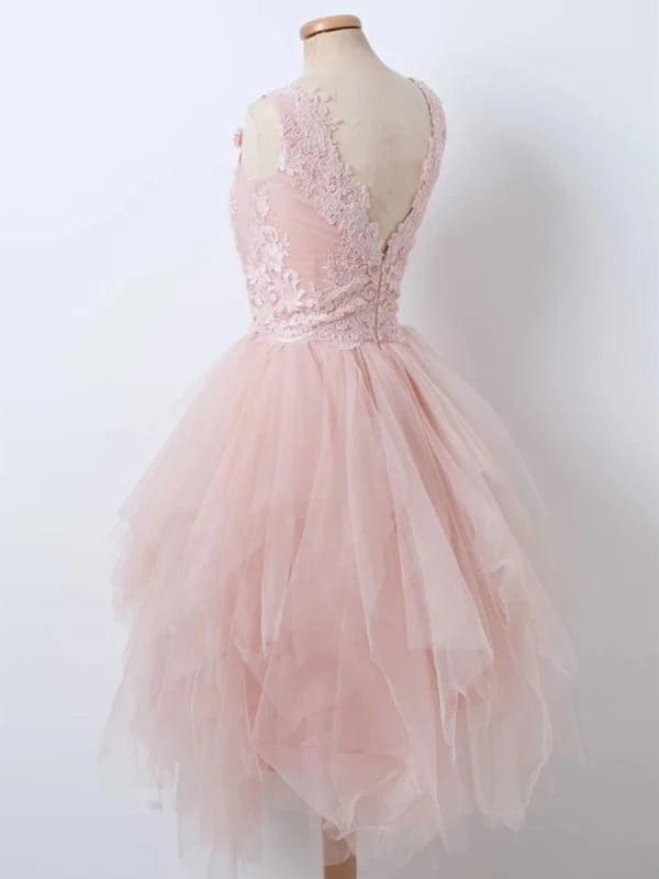 Fluffy pretty V Neck Short Pink Lace Prom Formal Graduation Party Dresses Homecoming Dresses