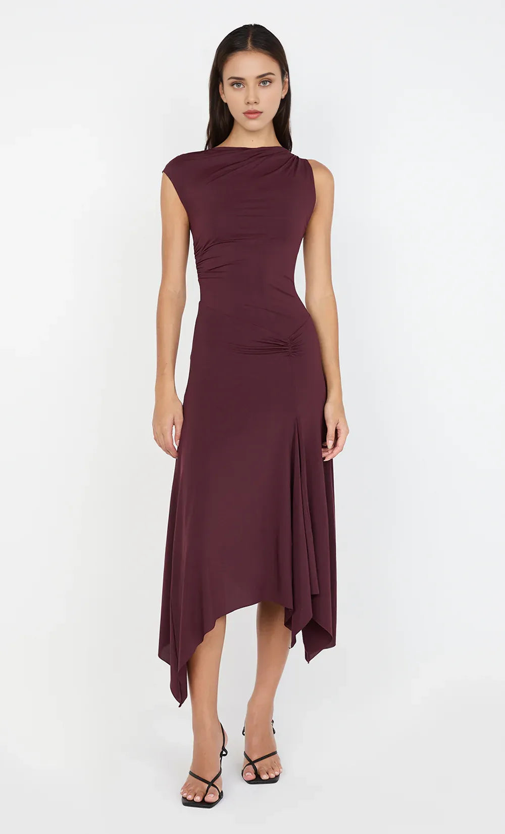 Fluid Sheath One Shoulder Cap Sleeve Ruched Back Asymmetrical Length Female Prom Dress