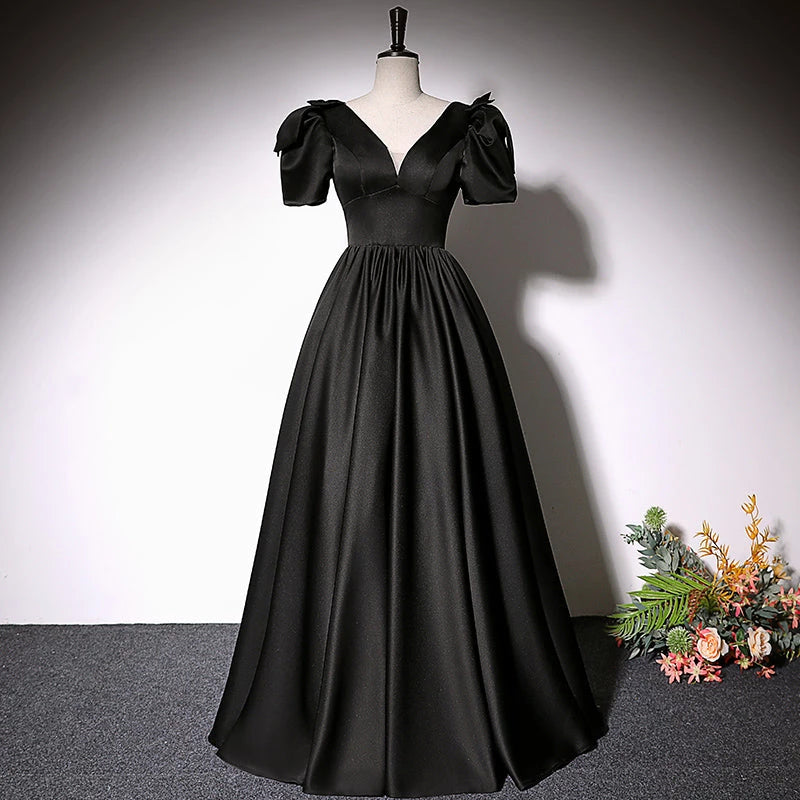 Formal A-line Black Satin Short Sleeve V Neck Lace Up Floor Length Evening Dress Party Dresses Prom Dress