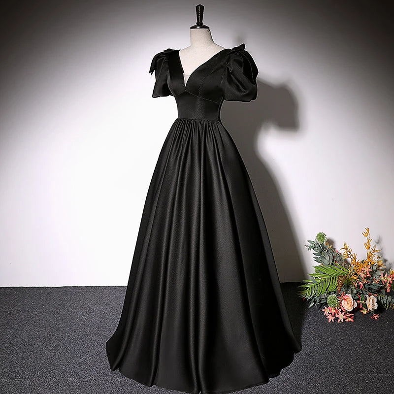 Formal A-line Black Satin Short Sleeve V Neck Lace Up Floor Length Evening Dress Party Dresses Prom Dress