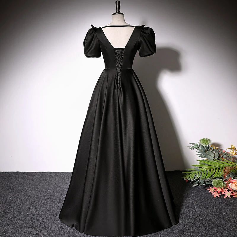Formal A-line Black Satin Short Sleeve V Neck Lace Up Floor Length Evening Dress Party Dresses Prom Dress