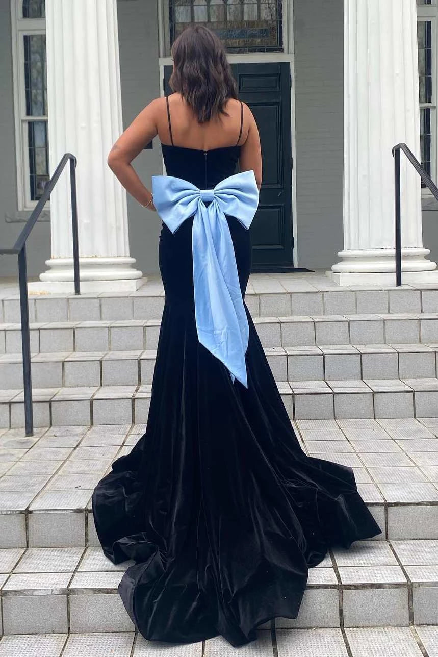 Formal Elegant Mermaid V-Neck Spaghetti Straps Velvet with Bow Floor Length Sleeveless Party Dresses Homecoming Dress Prom Dress