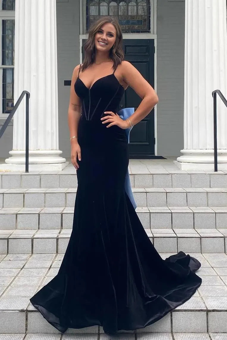 Formal Elegant Mermaid V-Neck Spaghetti Straps Velvet with Bow Floor Length Sleeveless Party Dresses Homecoming Dress Prom Dress