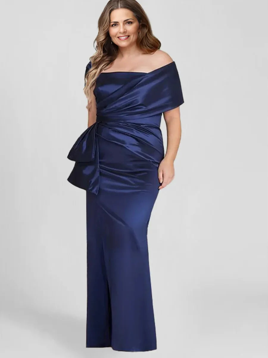 Formal Satin Sheath Off-the-Shoulder Sleeveless Floor-Length Plus Size Mother of the Bride Dresses