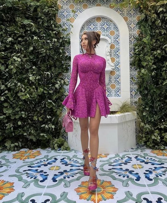 Fuchsia Long Sleeves High Neck Lace Short Party Dress Cocktail Dress Homecoming Dress Evening Dress