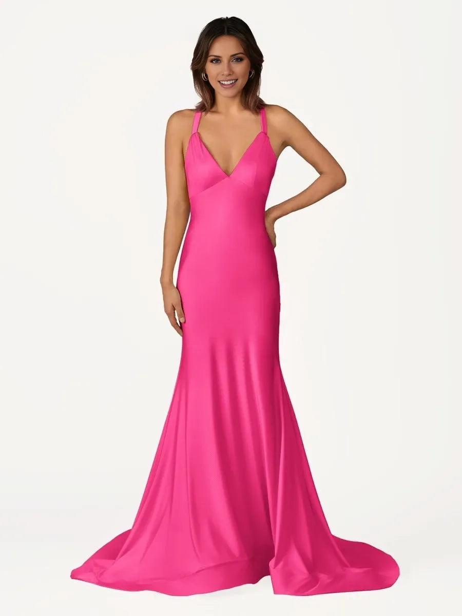 Fuchsia Mermaid V-Neck Satin With Tail Sleeveless Lace Up Evening Dress Party Dresses Homecoming Dress Prom Dress