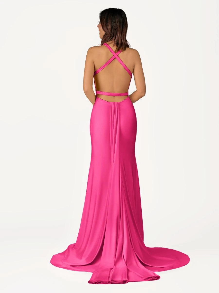 Fuchsia Mermaid V-Neck Satin With Tail Sleeveless Lace Up Evening Dress Party Dresses Homecoming Dress Prom Dress